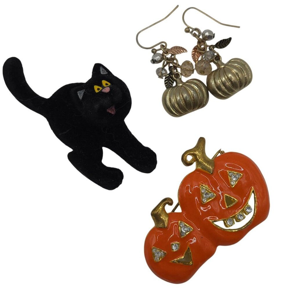 Modern Halloween Spooky Pumpkin Black Cat Earring + Pin Set 3PC Witchy Cute Gift